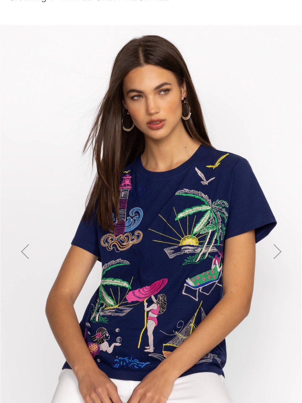 NWT  Johnny Was Navy Travel Crew Neck Tee Hawaii Embroidered Short Sleeve SZ L